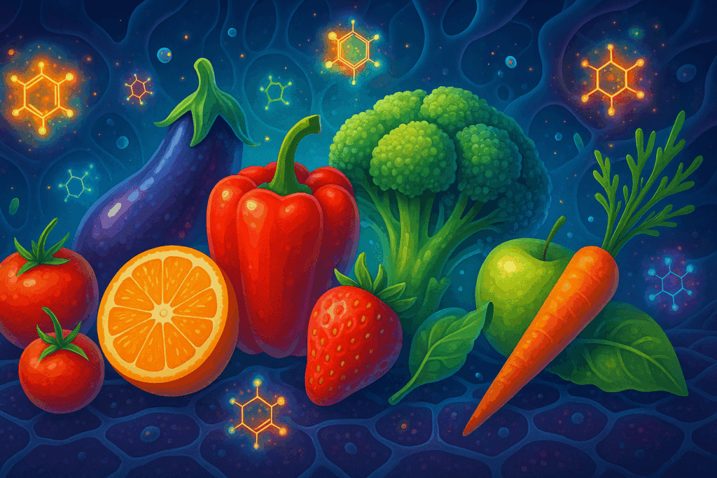 Fresh display of the most healthy fruits and vegetables including kale, strawberries, carrots, and citrus on a wooden table