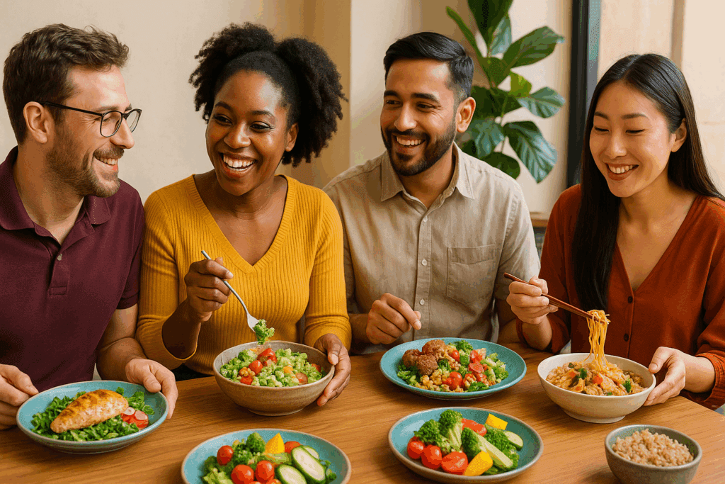 Colorful assortment of meals including grains, fish, and vegetables symbolizing the variety in different types of diets.