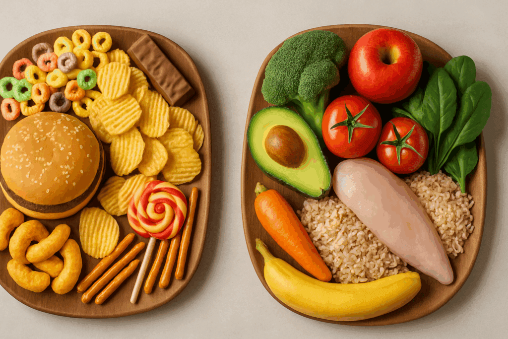 Fresh produce, grains, and legumes organized in glass jars on wooden shelves reflecting Clean Eating Simplified principles.