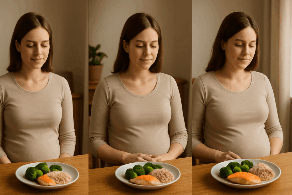 Pregnant woman using a pregnancy calorie calculator app on her smartphone while meal prepping with whole foods in a bright kitchen.