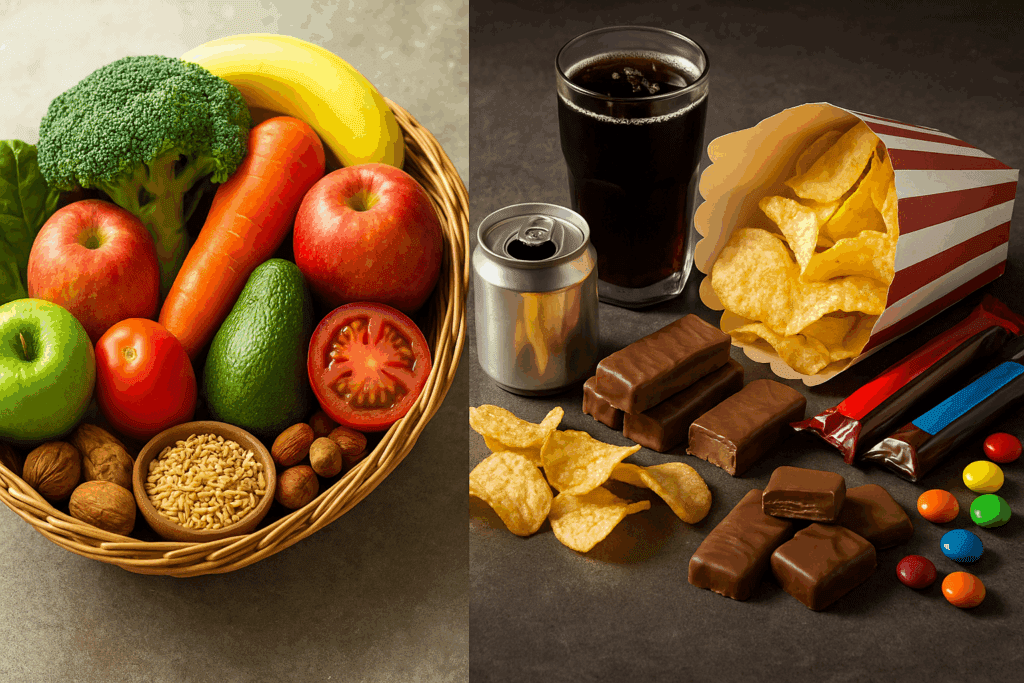 Colorful variety of fresh fruits, vegetables, nuts, and grains on a rustic table showcasing 4 ways to have a healthy diet.
