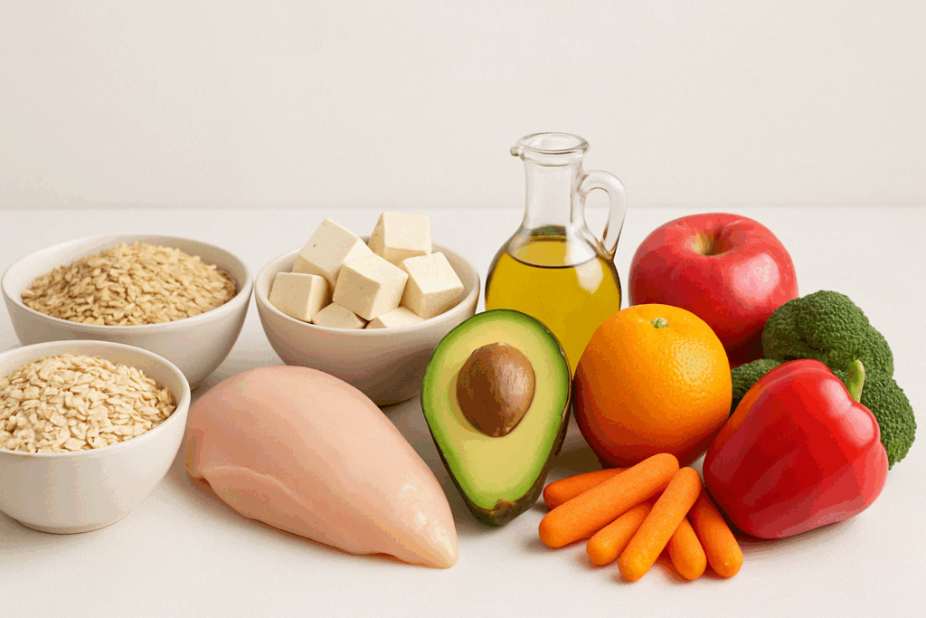 Fresh fruits, vegetables, lean proteins, and grains on a kitchen counter, illustrating what is a balanced diet.