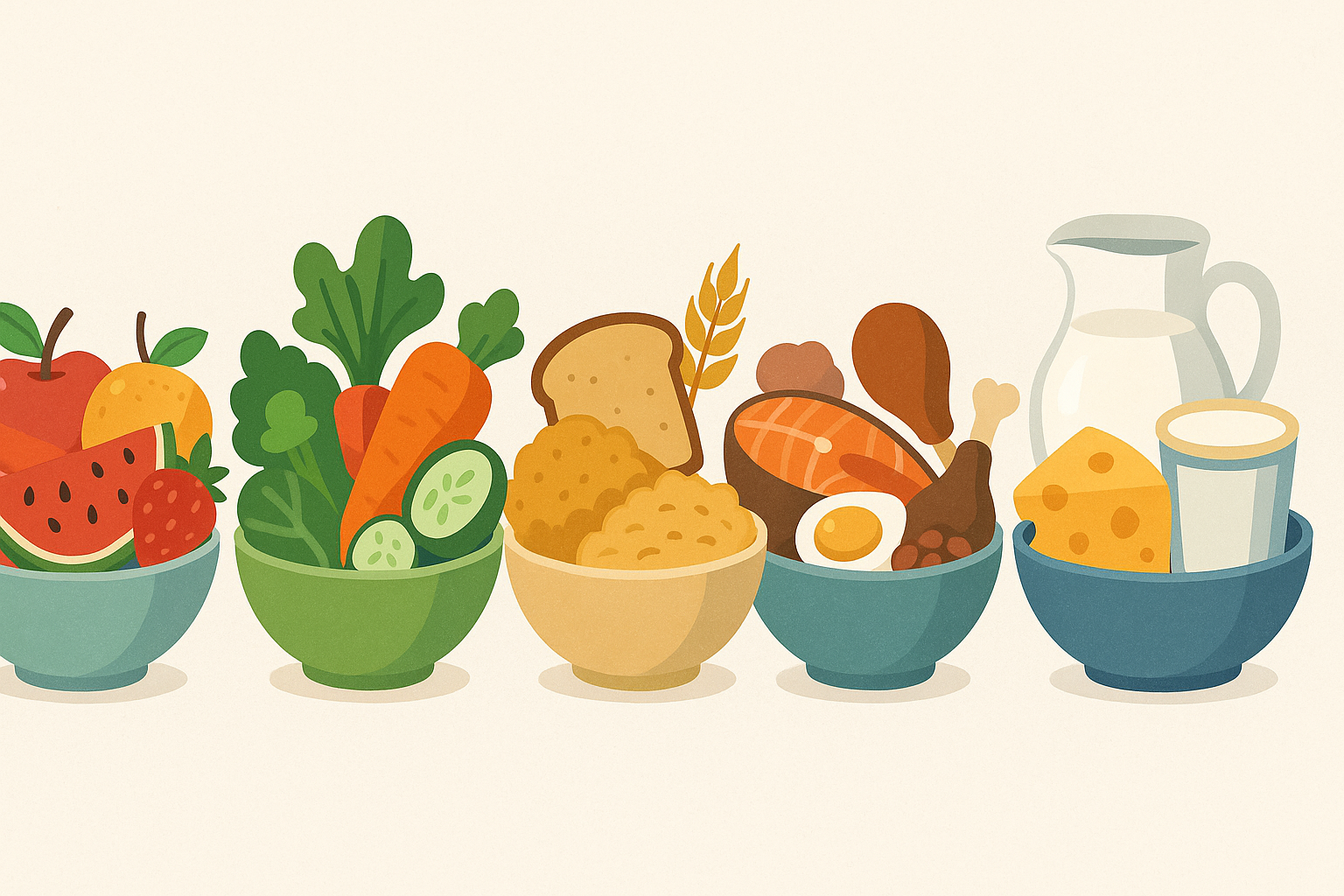 Fresh fruits, vibrant vegetables, hearty grains, protein foods, and dairy products arranged to explain What Are the 5 Food Groups