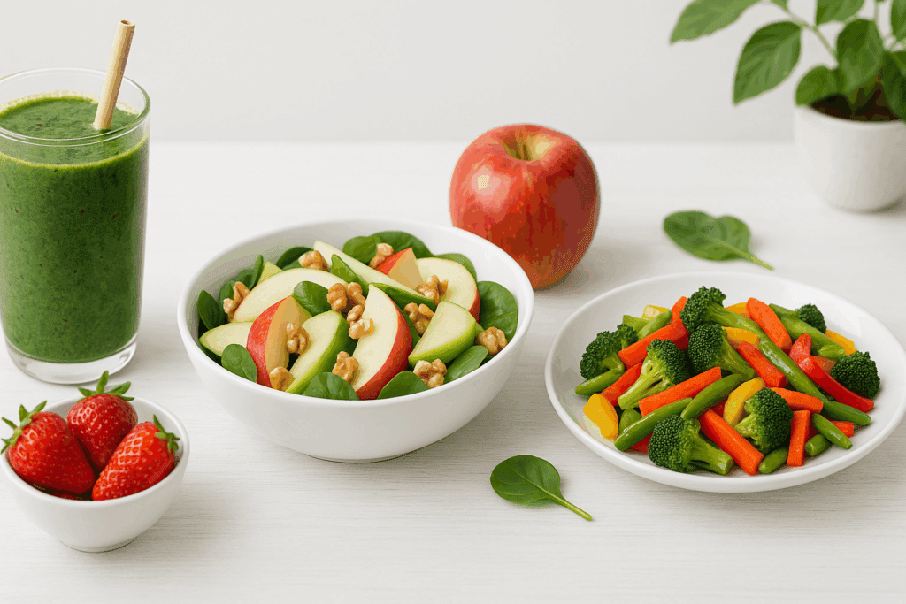 Fresh assortment of basic fruits and vegetables like apples, bananas, spinach, and carrots displayed on a rustic wooden kitchen table.