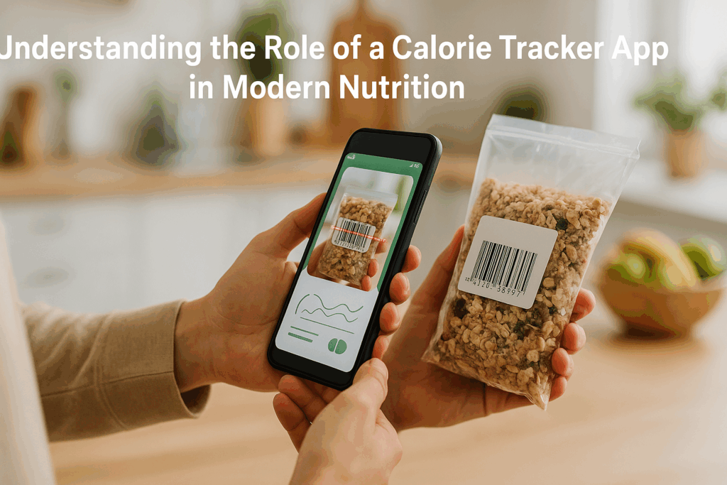 Smartphone scanning a healthy food barcode in a kitchen, illustrating features of the Best Calorie Tracker Apps for meal logging and nutrition tracking.
