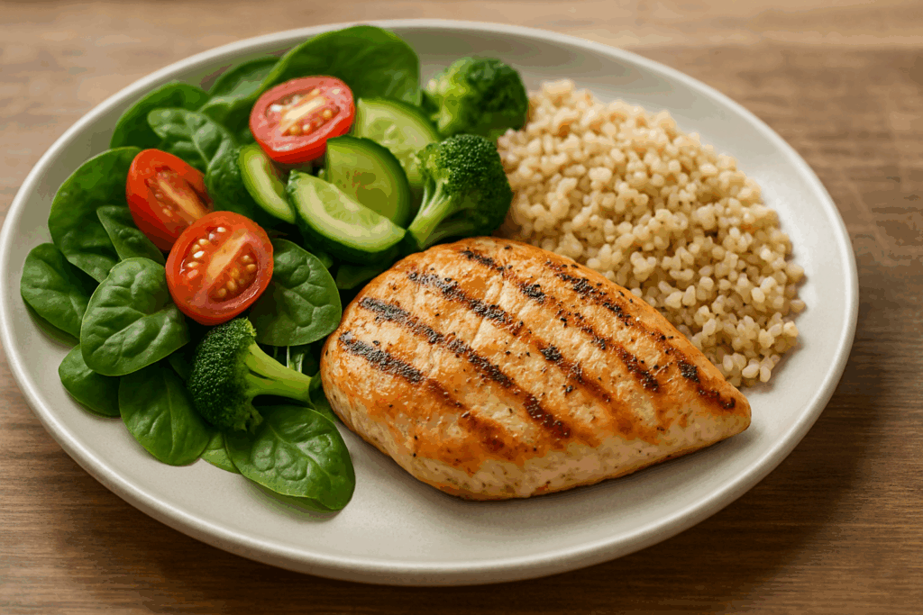 Balanced meal of salmon, quinoa, avocado, and vegetables highlighting what to eat for prediabetes to support healthy blood sugar.