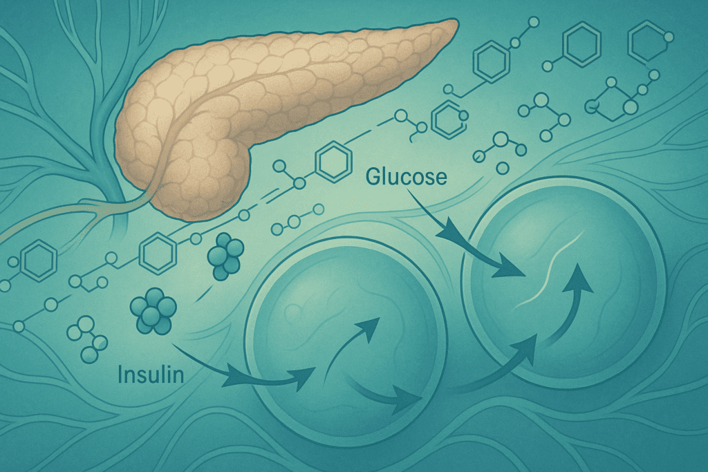 Medical-style illustration showing insulin and glucose pathways to highlight the science behind controlling blood sugar naturally.