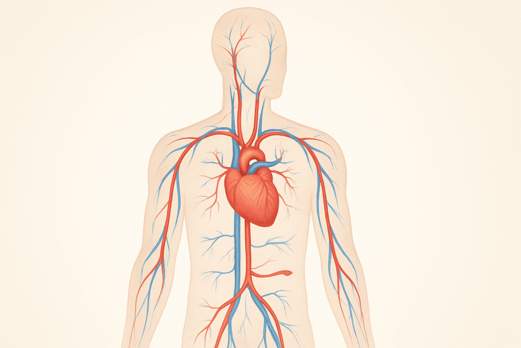 Illustration of a healthy human cardiovascular system with flowing blood vessels, highlighting natural ways to lower blood pressure.