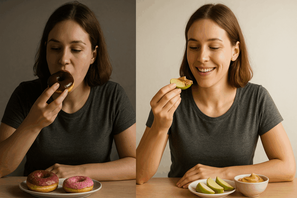 Healthy comparison showing top rated healthy snacks for weight loss like apple slices and nut butter beside sugary donuts.