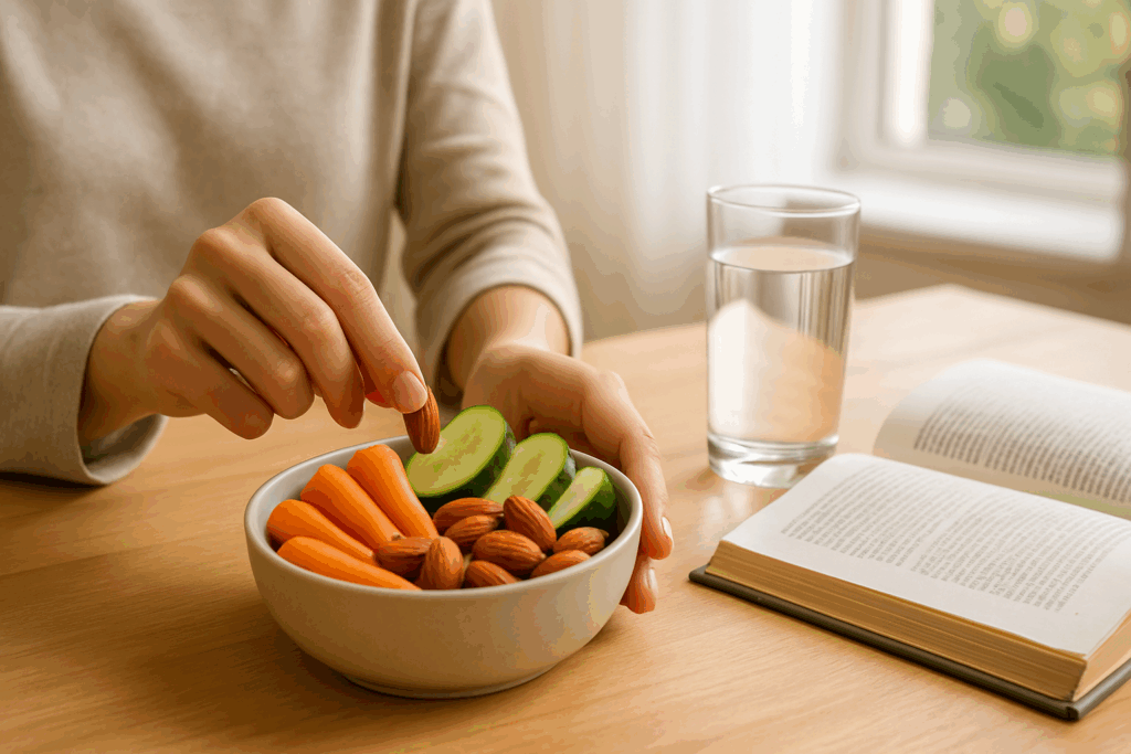 "Hand selecting almonds and baby carrots as part of the best snacks to eat for a balanced and healthy daily diet."
