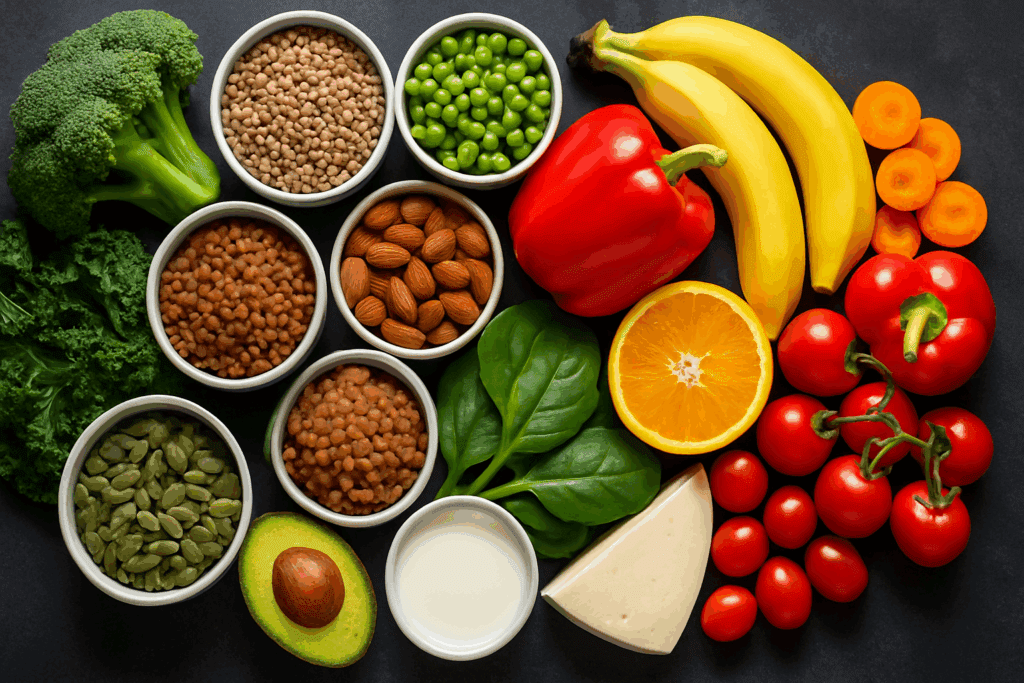Variety of packaged foods and fresh produce on a kitchen counter being examined for nutrition chart details