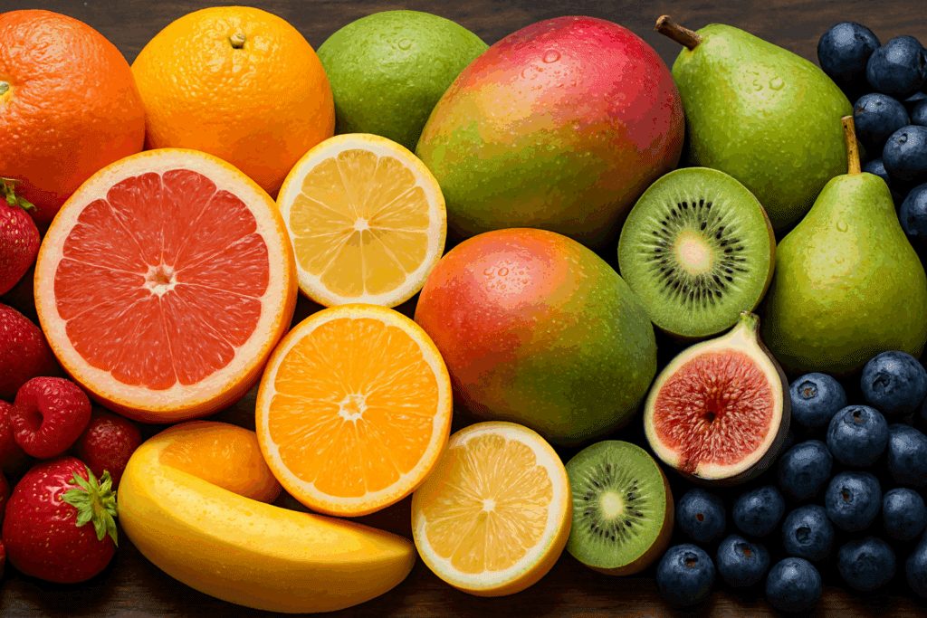 Fresh blueberries, apples, and avocados arranged on a rustic table to illustrate what are the 3 fruits every nutritionist recommends.