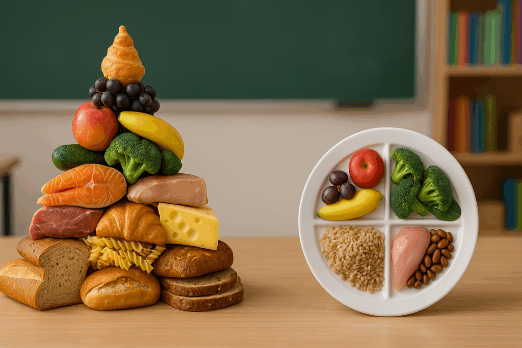 Balanced meal plate divided into fruits, vegetables, grains, protein, and dairy, representing which government agency created MyPlate.