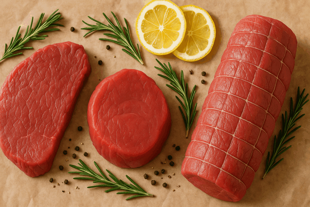 Healthy assortment of low sodium meats including poultry, beef, and fish on a rustic board, highlighting which meat has the least salt.