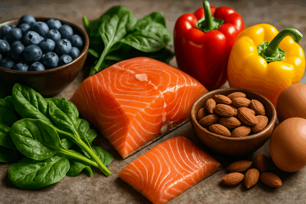 Colorful display of fruits, greens, and seeds illustrating why is it so important to consume a variety of whole foods daily