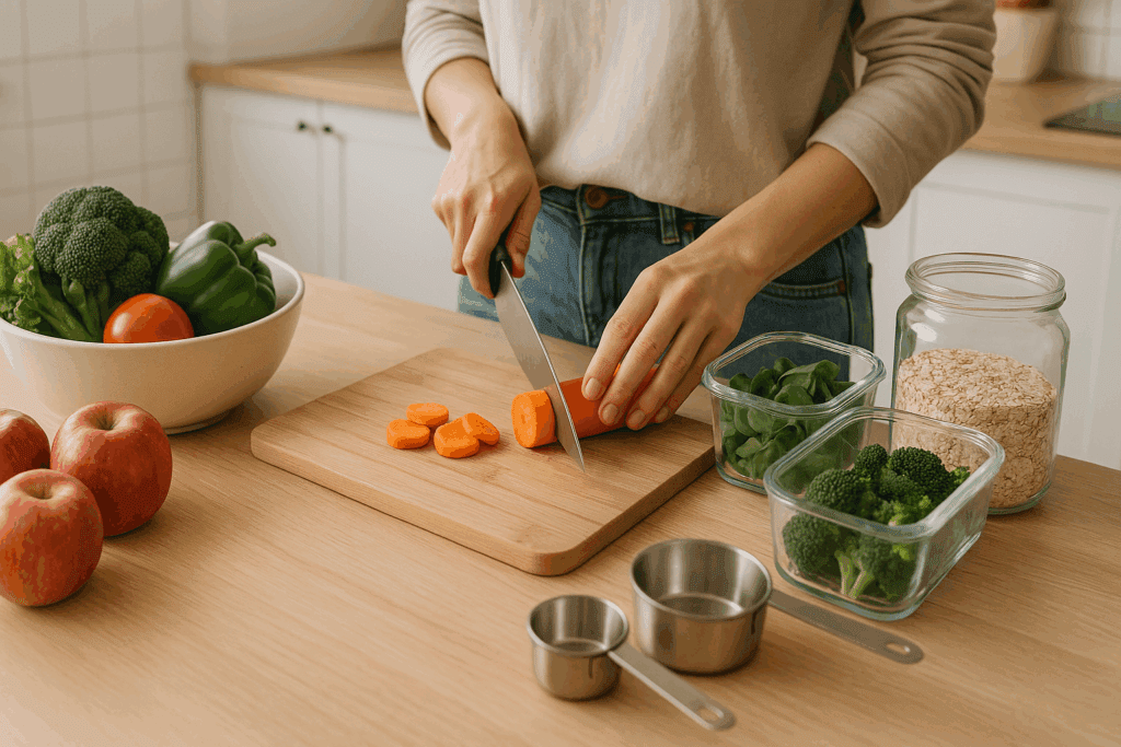 Beginner preparing a whole food meal with apples, oats, and vegetables as part of Clean Eating Simplified at home.
