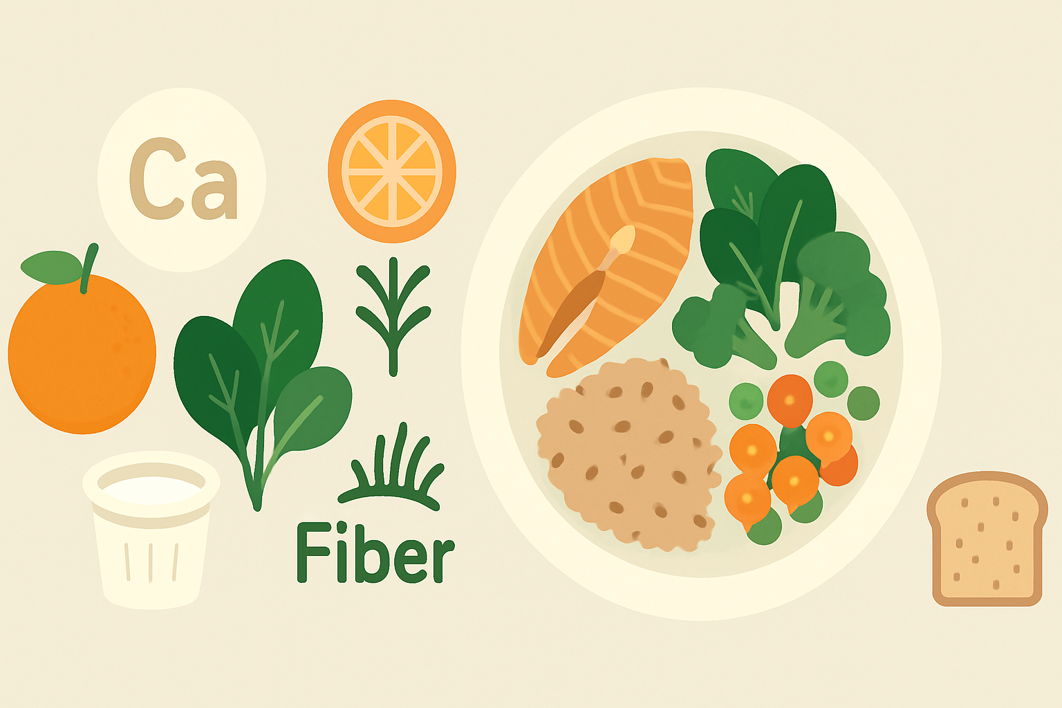Balanced plate showing high-fiber and vitamin-rich foods helping explain what does DV in food mean for a healthy diet.