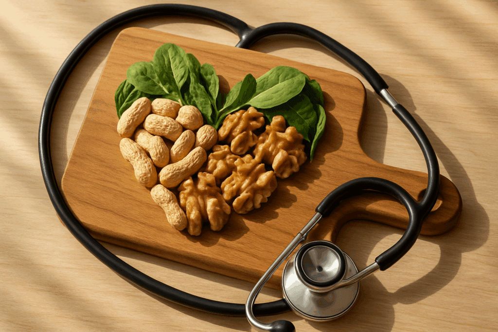 Heart-shaped bowl filled with roasted peanuts beside fresh fruits and vegetables, illustrating that peanuts are healthy for heart-conscious diets