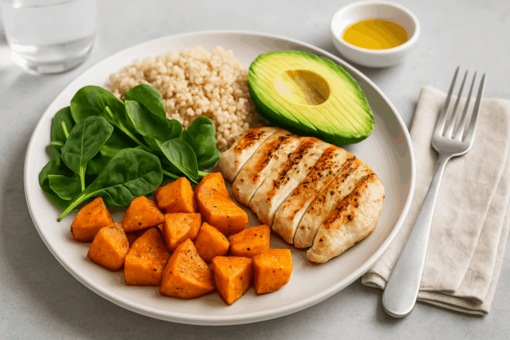 Grilled chicken, quinoa, avocado, and fresh vegetables arranged to illustrate 4 ways to have a healthy diet.