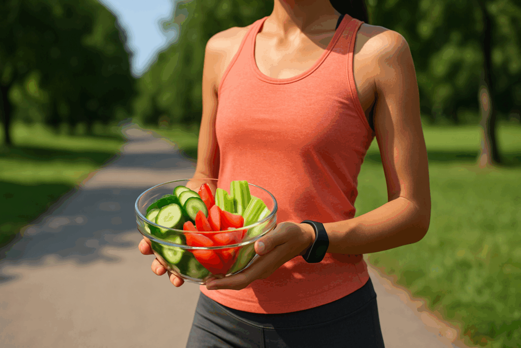 Colorful display of the best 0 calorie snacks including crunchy vegetables like lettuce, celery sticks, and cucumber slices.