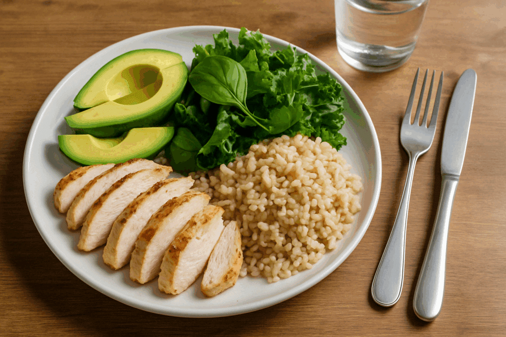 Colorful plate featuring healthy fats, whole grains, and greens, demonstrating what is a balanced diet.