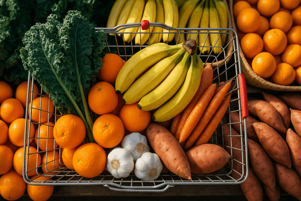 Colorful basket filled with basic fruits and vegetables including oranges, broccoli, sweet potatoes, and leafy greens at a farmers' market.