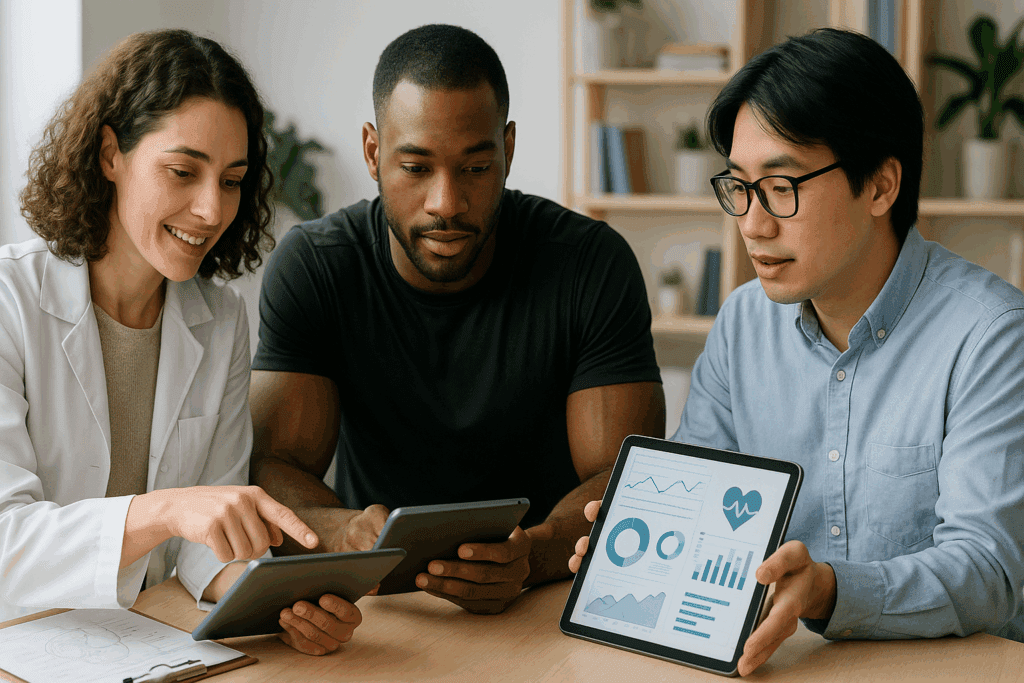 Group of health experts collaborating with digital tablets to design the Best Calorie Tracker Apps focused on evidence-based nutrition support.