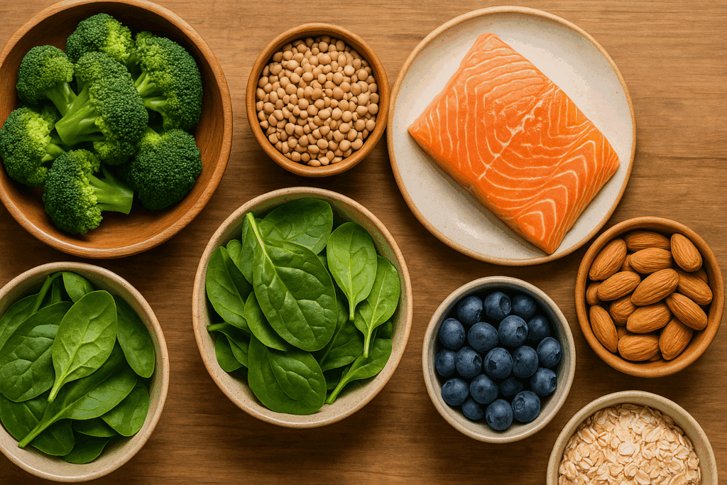 Colorful plate divided into vegetables, lean protein, and whole grains showing what to eat for prediabetes for balanced nutrition.