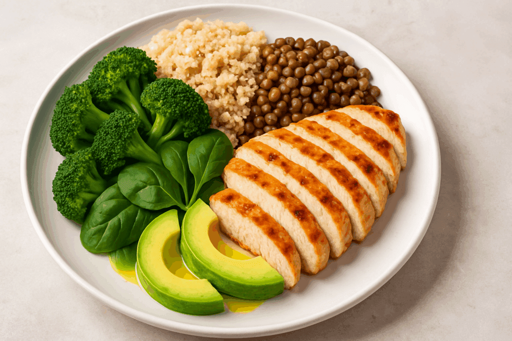 "Top foods highlighting what to eat for prediabetes, featuring vegetables, fish, berries, avocados, and whole grains on a plate."