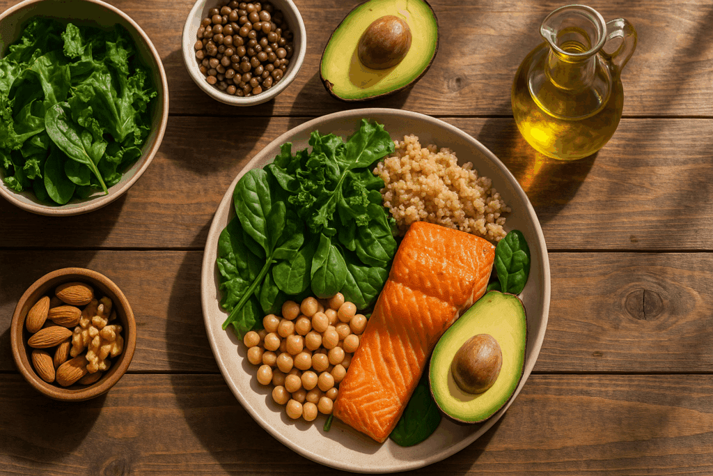 Flat lay of nutrient-rich foods like salmon, leafy greens, and quinoa designed to support controlling blood sugar through diet.