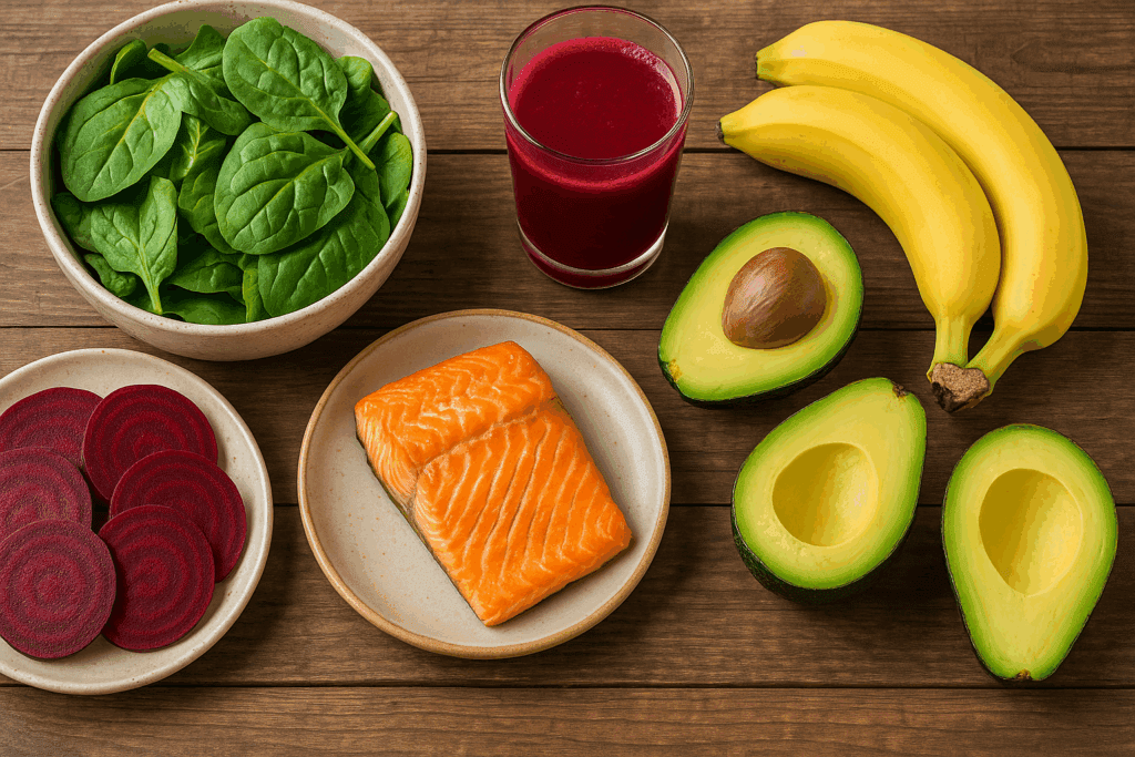 Colorful flat-lay of heart-healthy foods like leafy greens, beets, and avocados promoting natural ways to lower blood pressure.