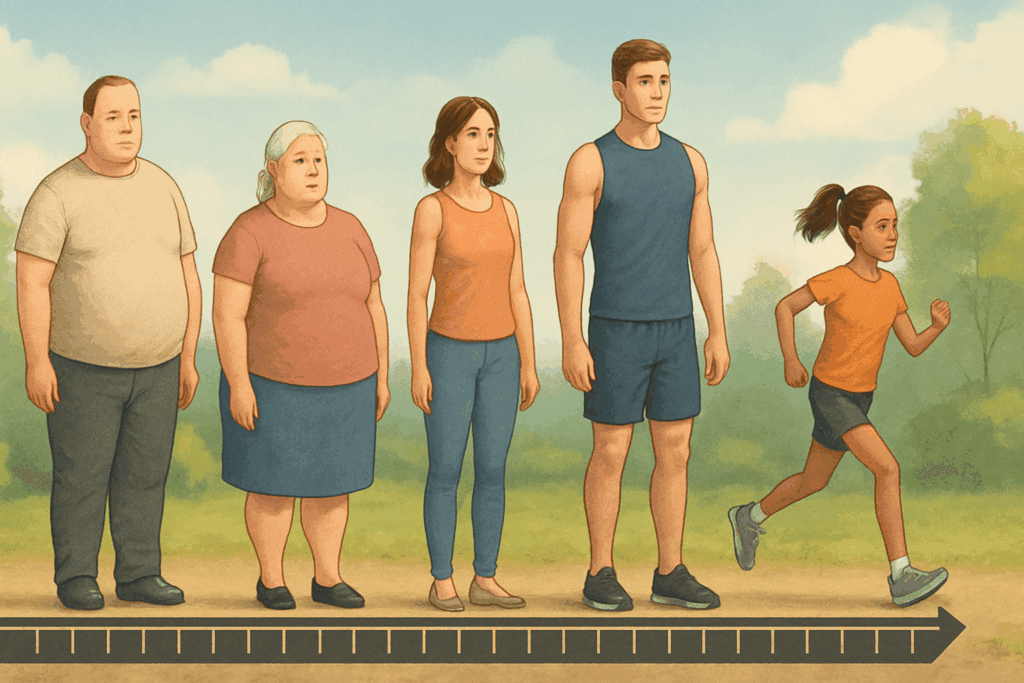 Visual comparison of diverse body types and activity levels demonstrating how calorie allowance meaning varies by individual lifestyle.