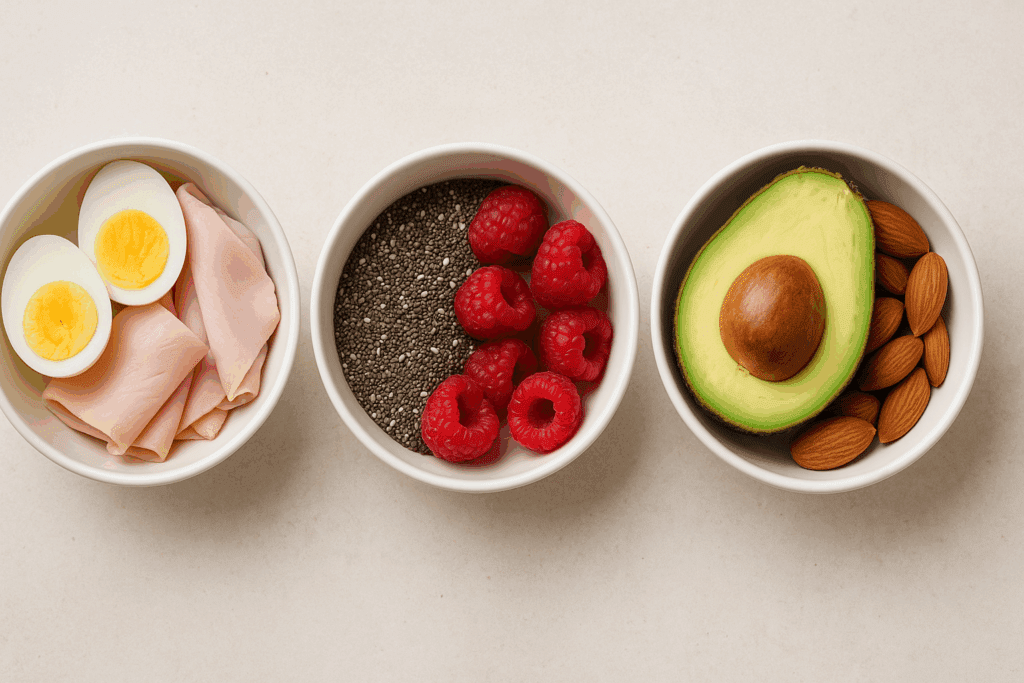 Bowls filled with protein, fiber, and healthy fats representing top rated healthy snacks for weight loss and balanced nutrition.