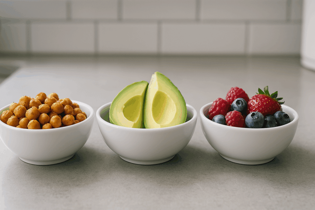 "Three bowls featuring chickpeas, avocado, and berries showcasing the best snacks to eat for optimal macronutrient balance."