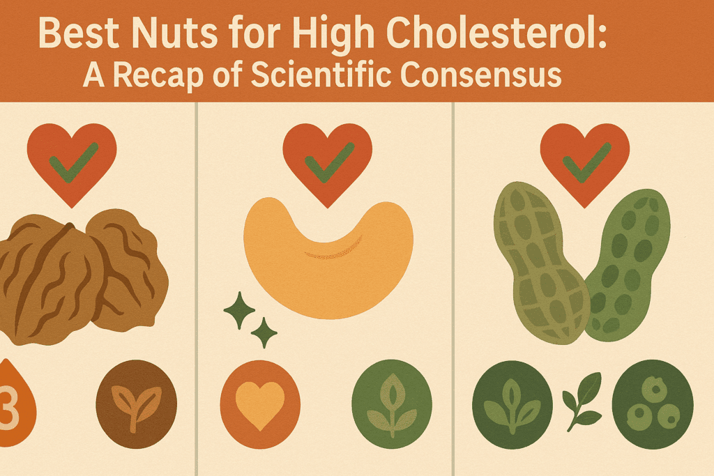 Heart-healthy snack plate featuring the best nuts for high cholesterol including cashews, walnuts, and peanuts
