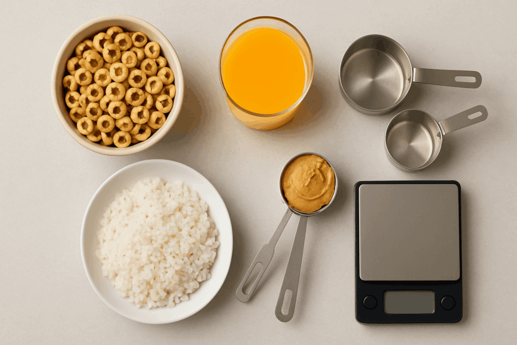Flat lay of measuring tools, ingredients, and a printed nutrition facts label template beside a digital food scale