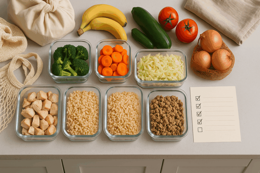 Organized kitchen counter with whole grains, vegetables, lean proteins, and healthy fats representing a balanced healthy food list grocery plan