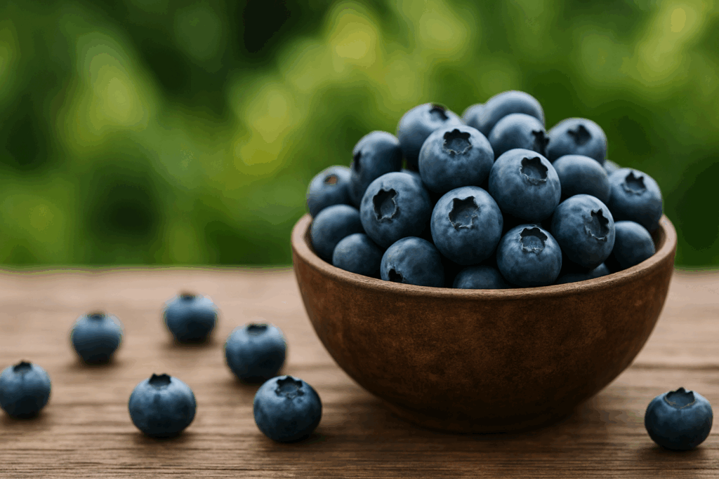 Close-up of ripe blueberries in a ceramic bowl, highlighting their role in what are the 3 fruits for daily health and brain support.