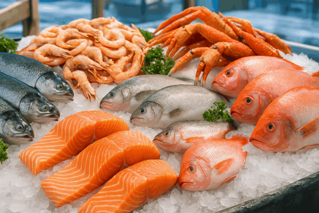 Raw cuts of beef, chicken, pork, and trout neatly arranged with rosemary and lemon, illustrating which meat has the least salt for healthy meals.