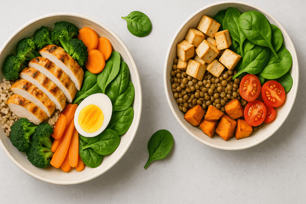 Top-down view of assorted plant-based protein sources like beans, tempeh, and spirulina aligned with tips on ways to include protein in daily diet.