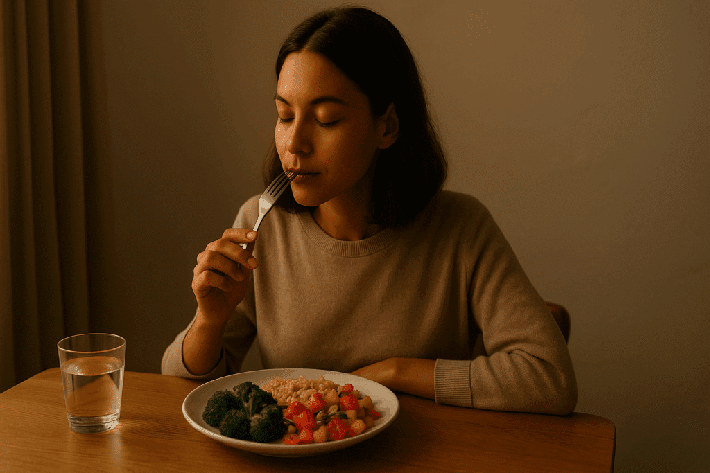 Person eating mindfully at a peaceful table with a healthy meal, representing 4 ways to have a healthy diet.