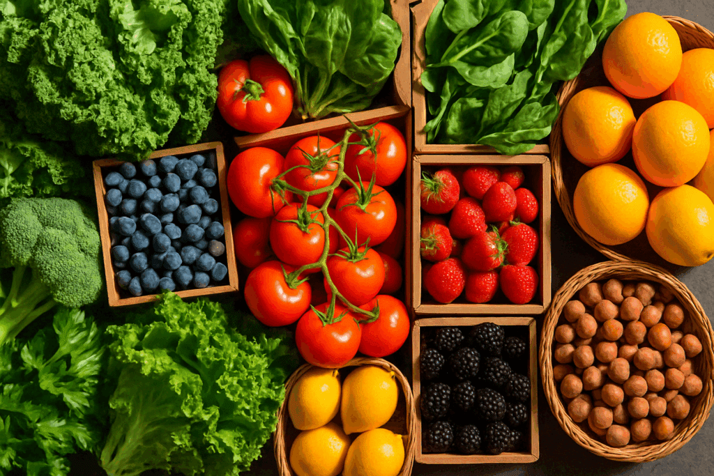 Farmer’s market display of seasonal produce and nuts, emphasizing nutrient diversity in what is a balanced diet.