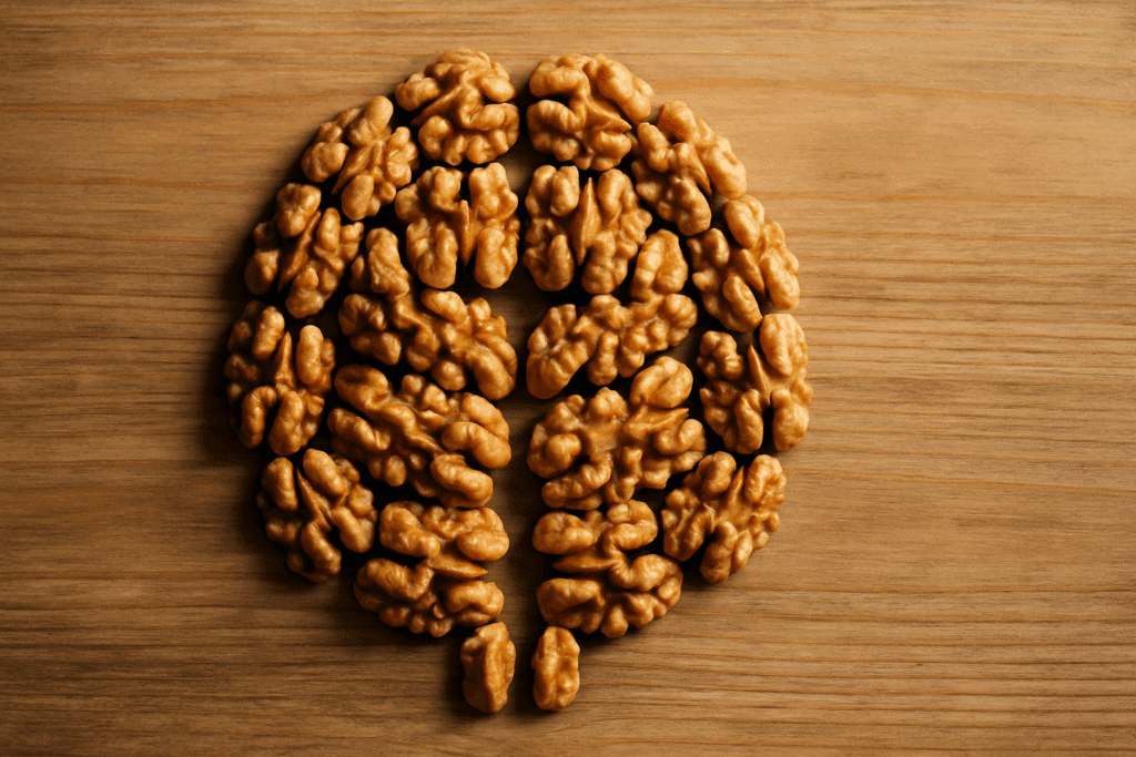 Handful of raw walnuts on a wooden table answering the question Are Walnuts Good for You with their high antioxidant content.