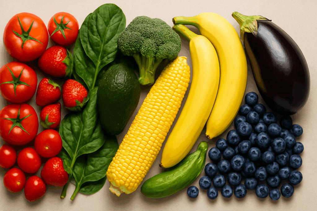 Hand arranging basic fruits and vegetables such as kale, berries, tomatoes, and garlic for meal prepping on a clean kitchen counter.