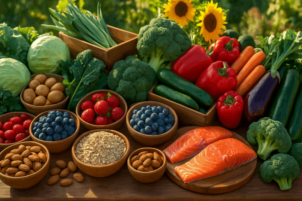"Vibrant selection of nutritious foods such as salmon, spinach, and quinoa representing what to eat for prediabetes effectively."