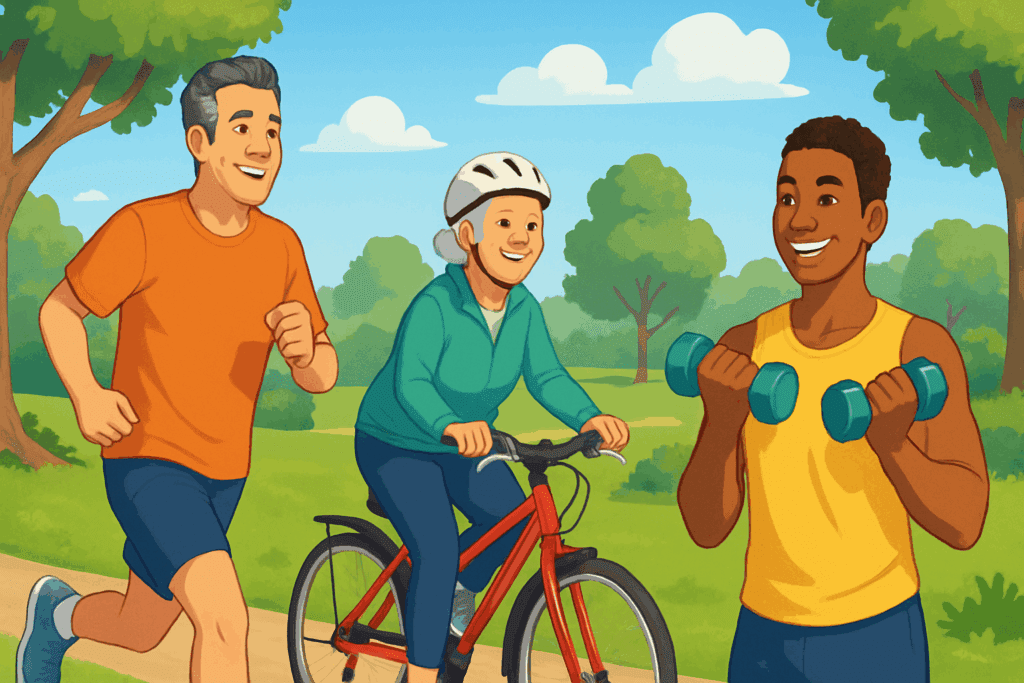 Diverse individuals jogging, cycling, and lifting weights outdoors to show physical activity’s role in controlling blood sugar levels.