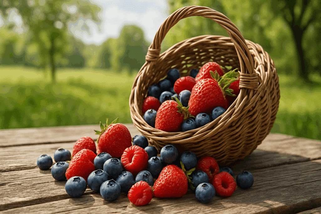 Healthy foods including leafy greens, berries, nuts, and legumes symbolizing Top Foods That Lower Blood Sugar Immediately.