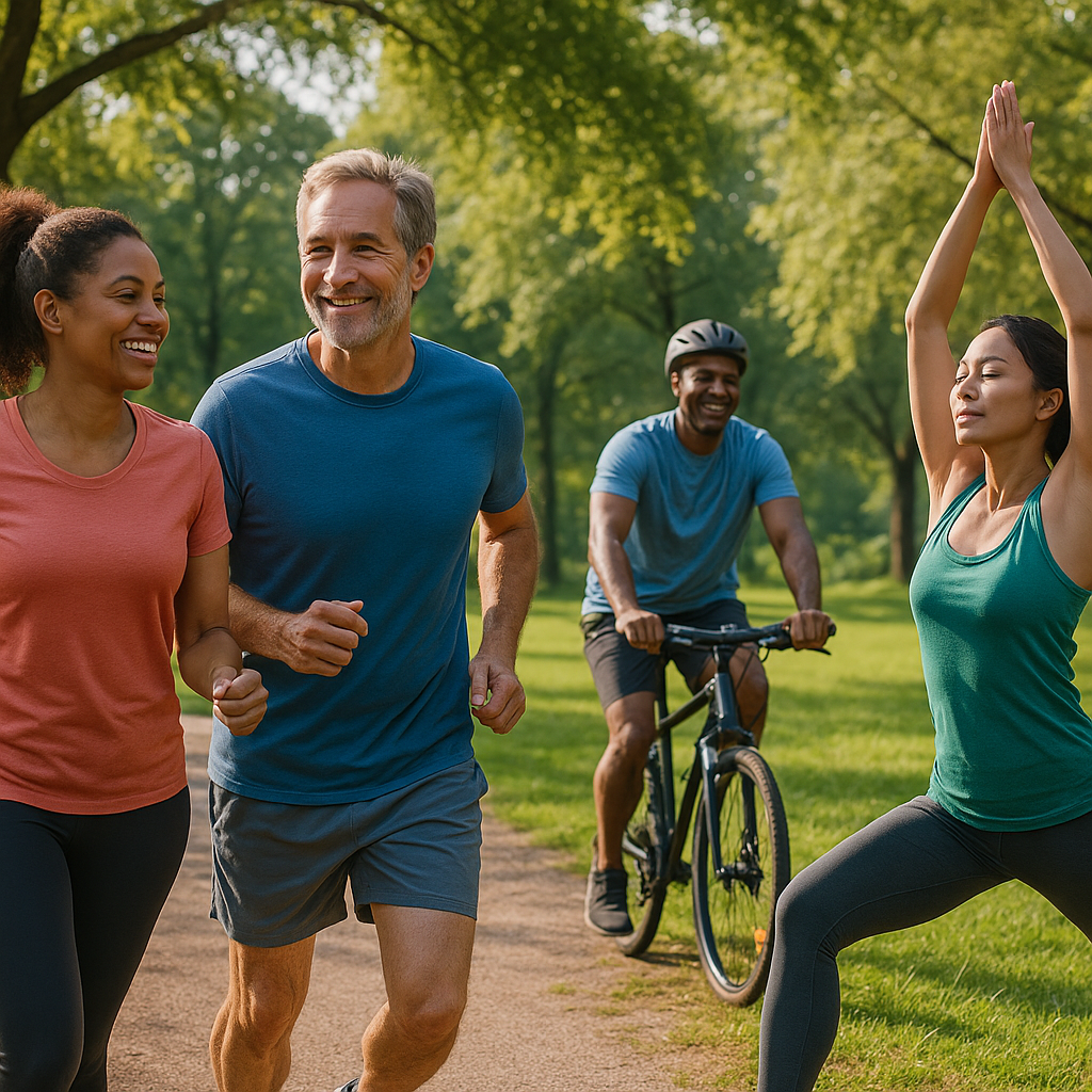 Group of adults cycling, walking, and doing yoga in a green park, demonstrating natural ways to lower blood pressure through fitness.