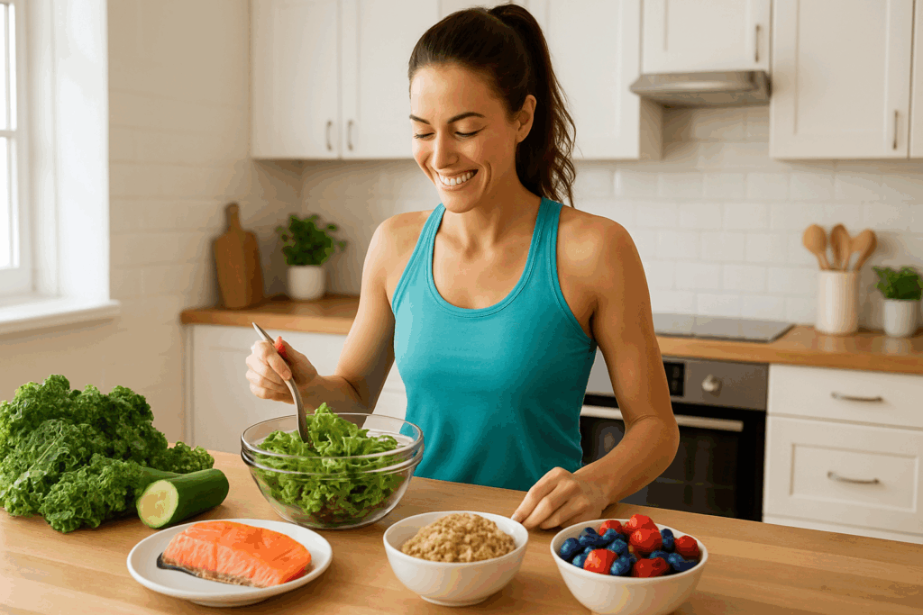 Active 35-year-old woman preparing a nutrient-dense meal at home, emphasizing personalized nutrition based on calorie allowance meaning.