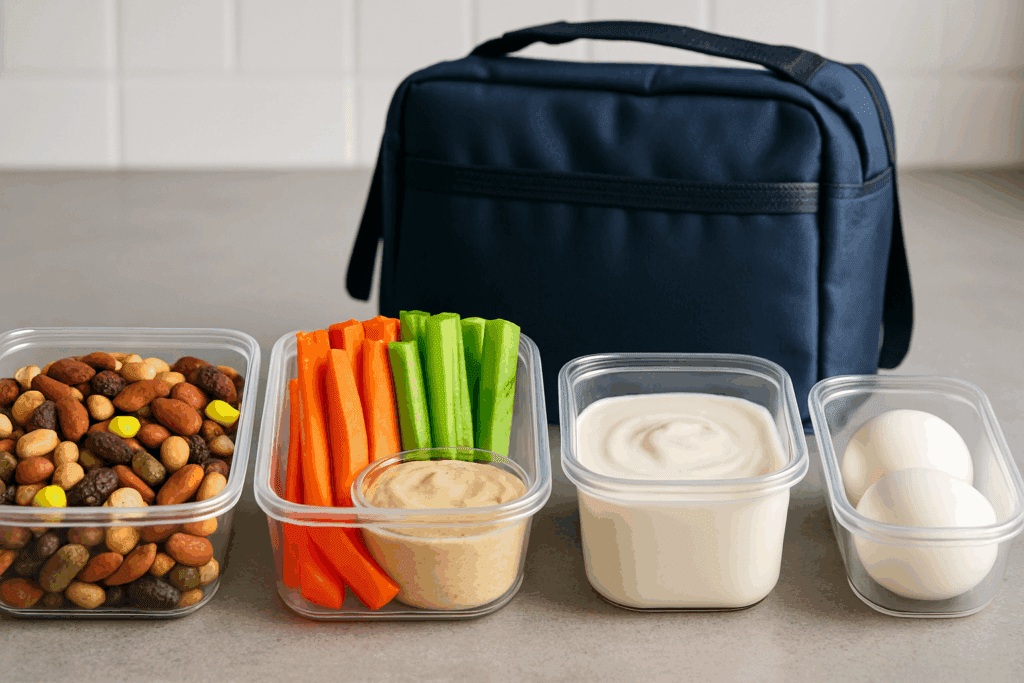 Meal prep containers with top rated healthy snacks for weight loss, including hard-boiled eggs, trail mix, and fresh vegetables.